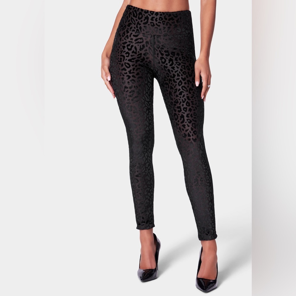 NWT Bebe Black Velvet Leopard Burnout Leggings XS High Waist Soft Lined Ankle